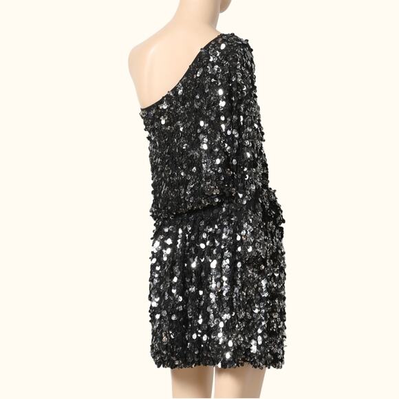 TIBI Black One Shoulder Silk Sequin Mini Dress - Picture 8 of 12